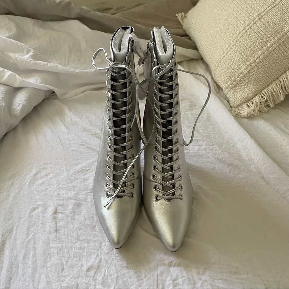 NWOT RAYE Silver Lace Up Heeled Boots